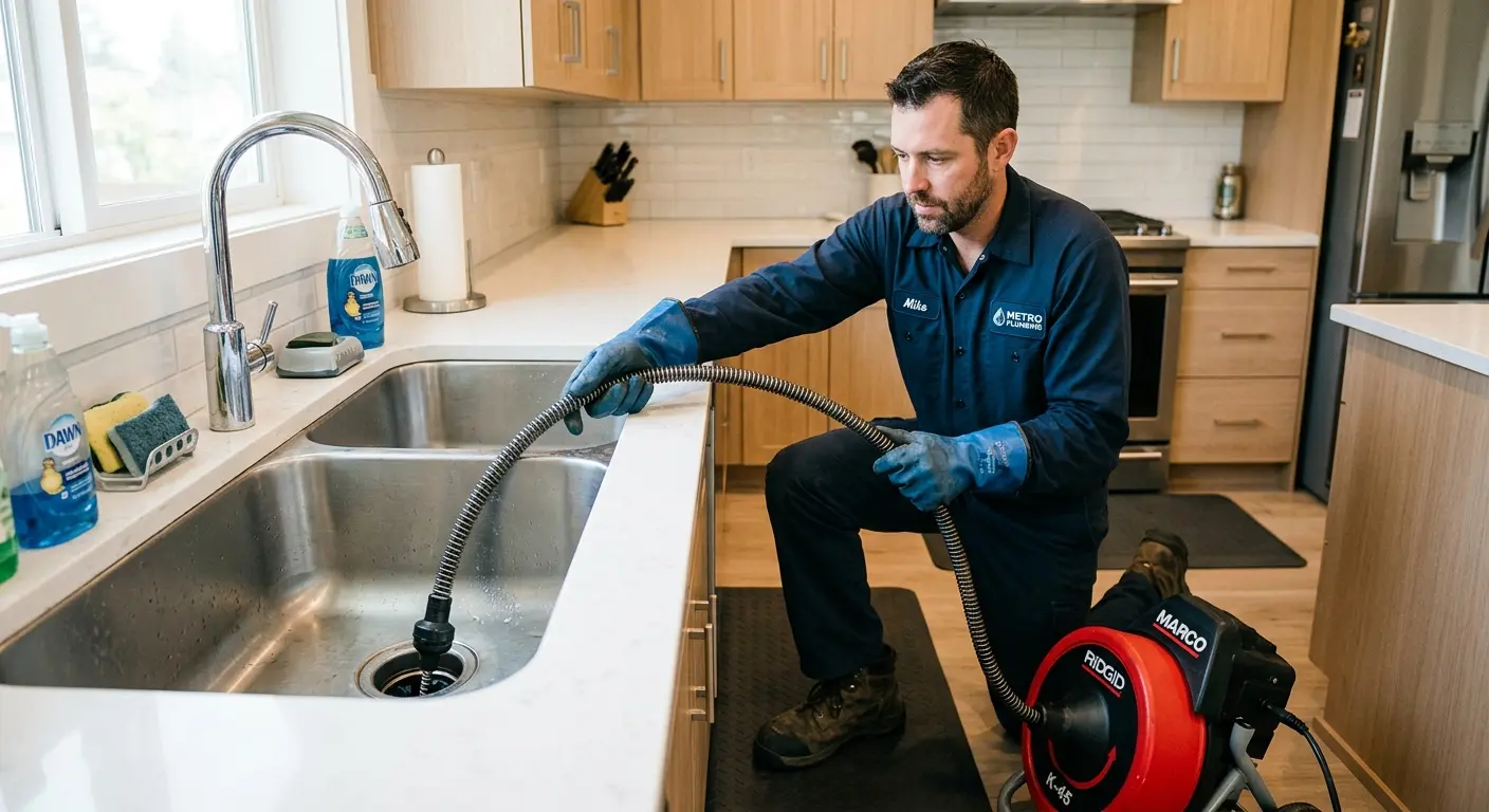 Drain cleaning technician using a motorized snake on a kitchen sink in Jeannette