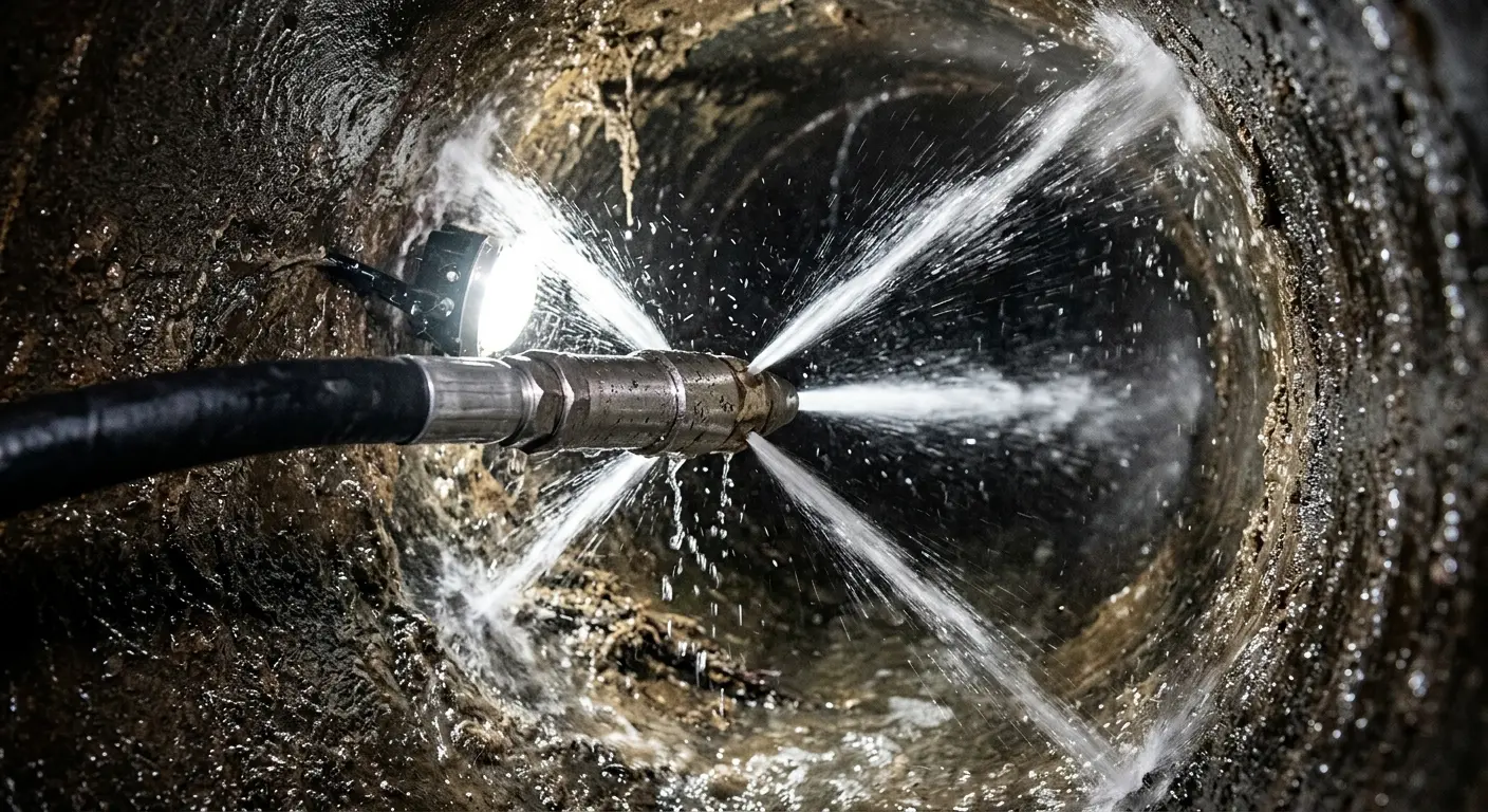 High-pressure hydro jetting nozzle cleaning sewer pipe for Trenchless Sewer Repair in Jeannette