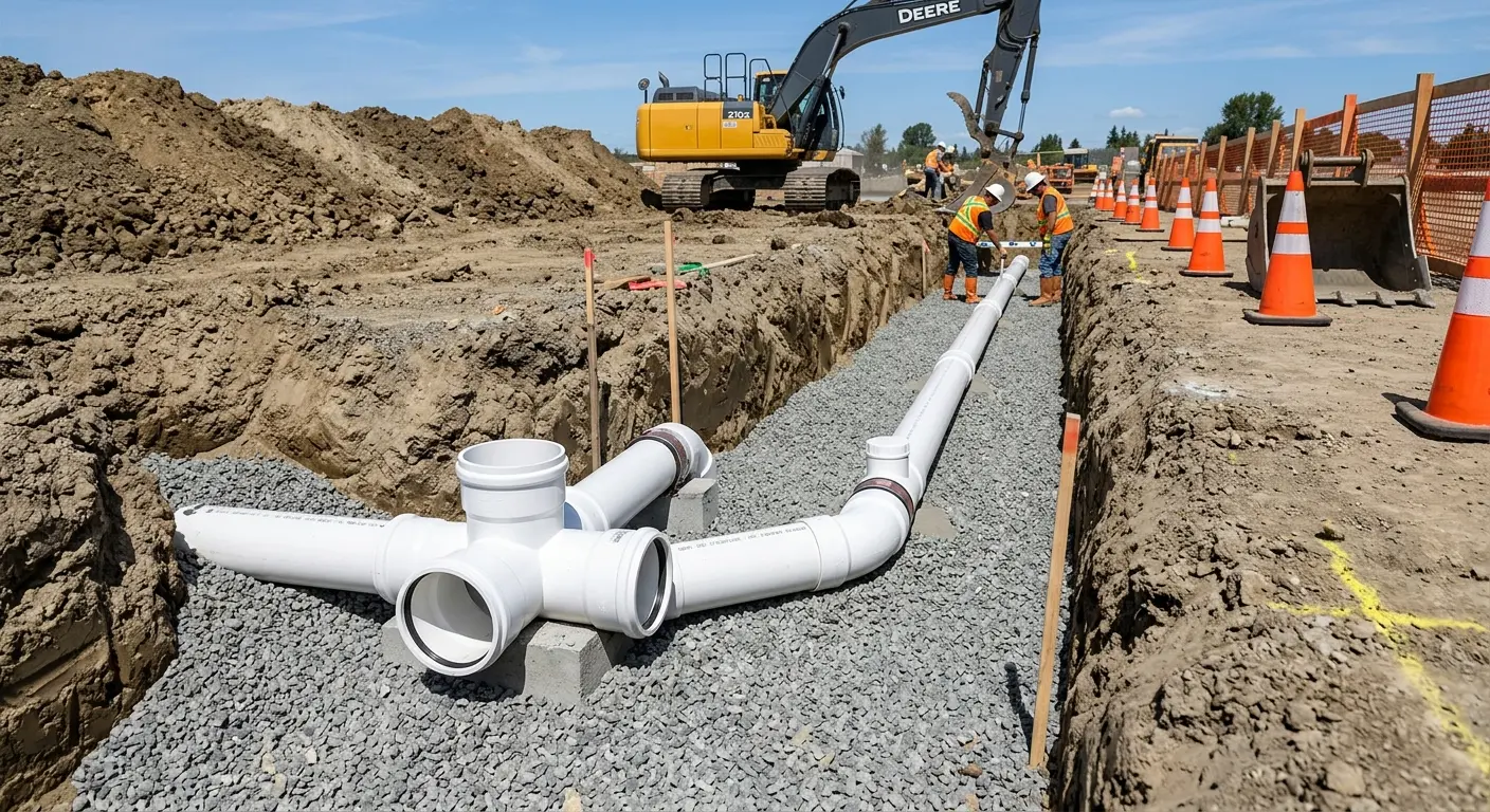 New PVC sewer pipe installation in open trench for Commercial Drain Cleaning in Jeannette
