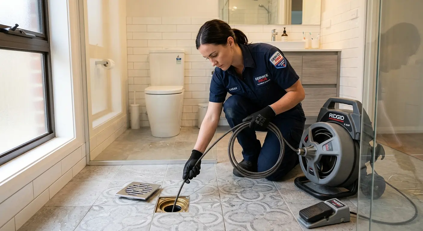Technician clearing a bathroom floor drain for Clogged Drain Repair in Jeannette